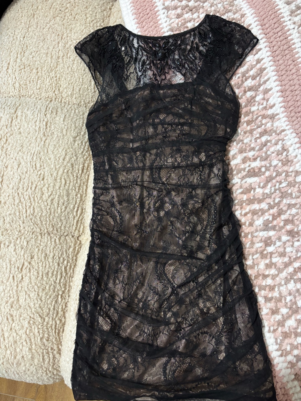 bebe Black Sheer Lace Bandeau Dress